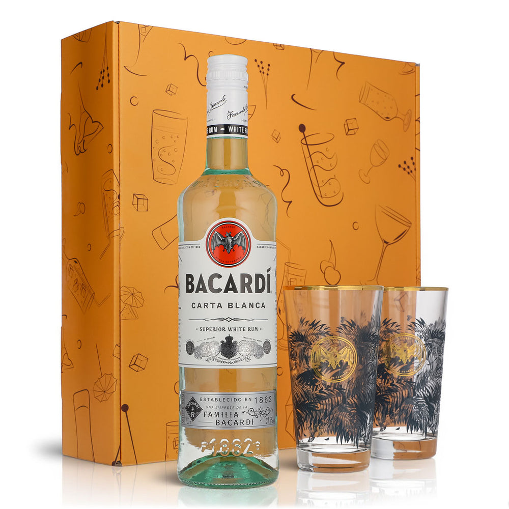Bacardi Rum Geschenkset 0,7l Flasche 37,5 % Vol. + Longdrink Gläser Goldrand–orange