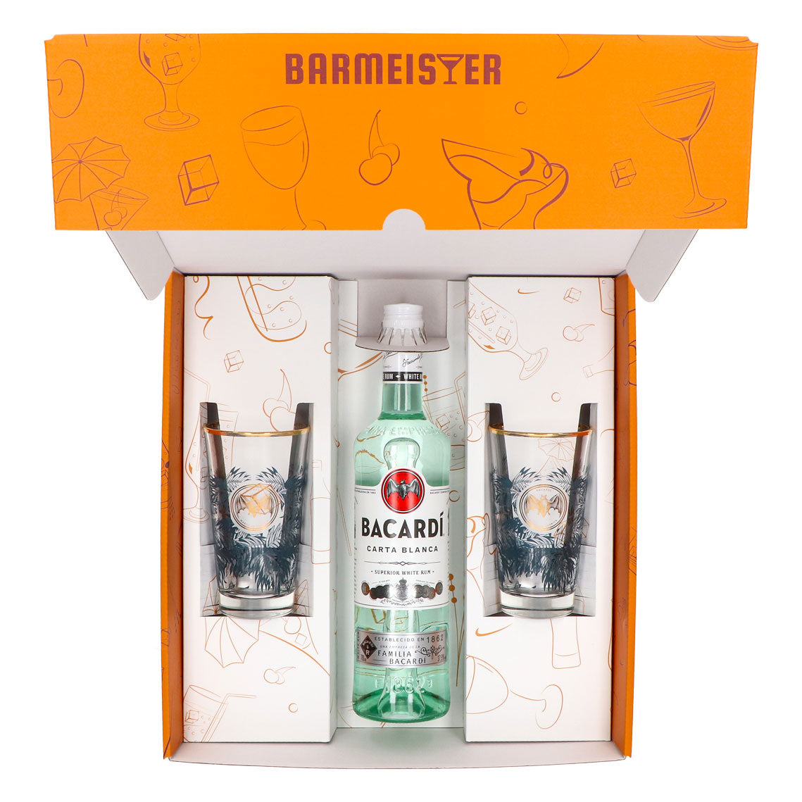 Bacardi Rum Geschenkset 0,7l Flasche 37,5 % Vol. + Longdrink Gläser Goldrand–orange – Ansicht 5