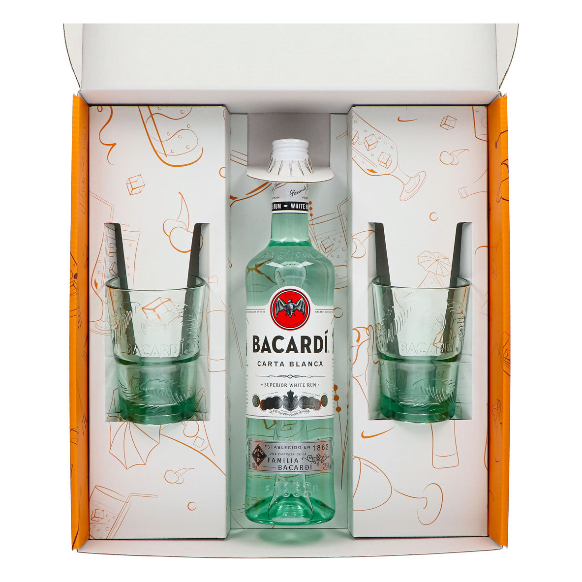 Bacardi Rum Geschenkset 0,7l Flasche 37,5 % Vol. + Longdrink Gläser Palme–orange – Ansicht 4