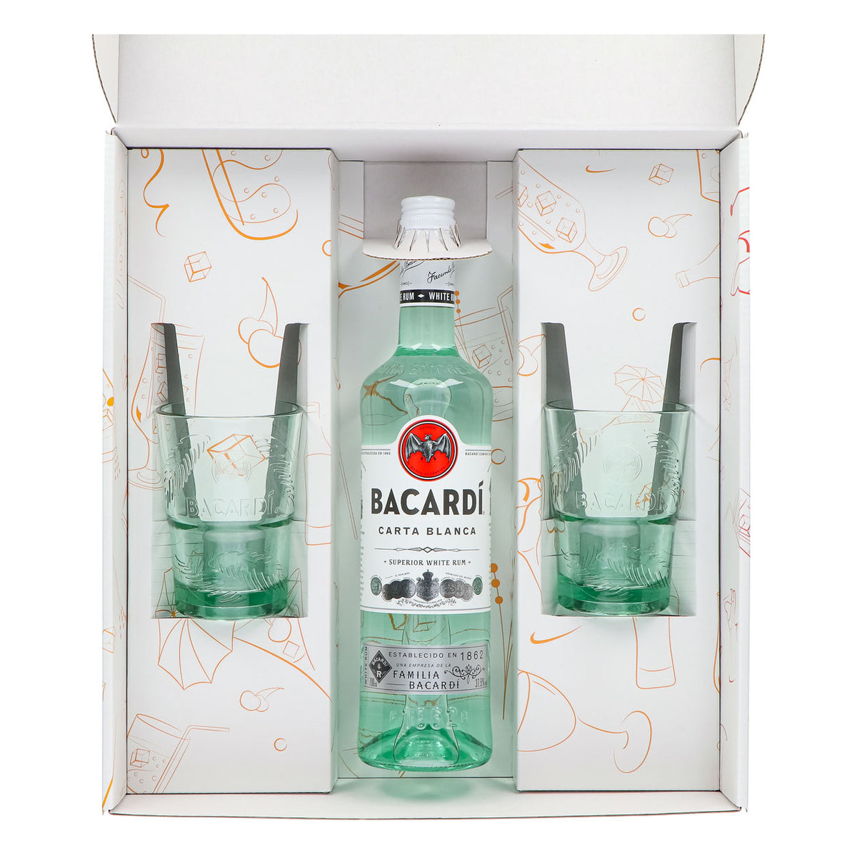 Bacardi Rum Geschenkset 0,7l Flasche 37,5 % Vol. + Longdrink Gläser Palme–weiß – Ansicht 3