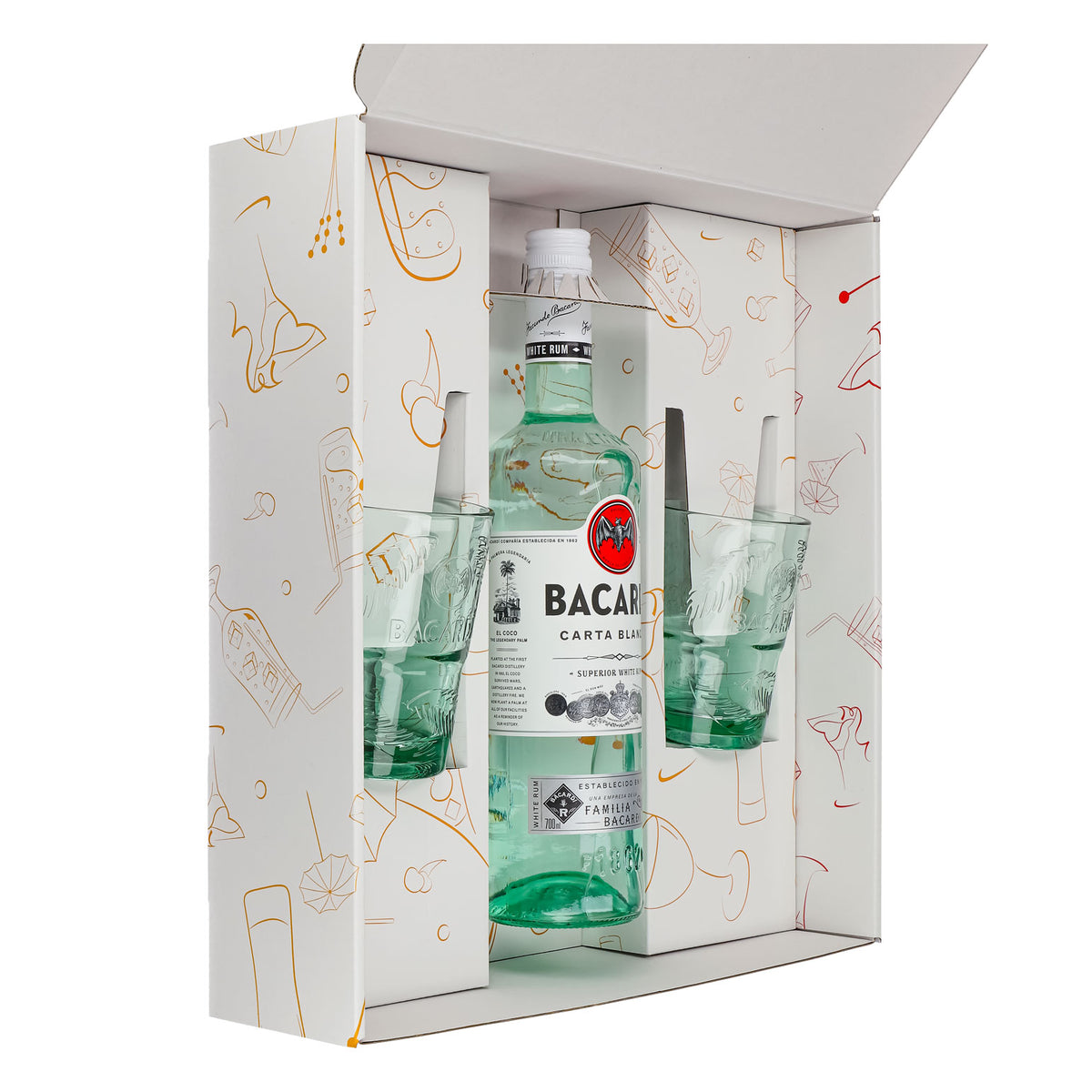 Bacardi Rum Geschenkset 0,7l Flasche 37,5 % Vol. + Longdrink Gläser Palme–weiß – Ansicht 4