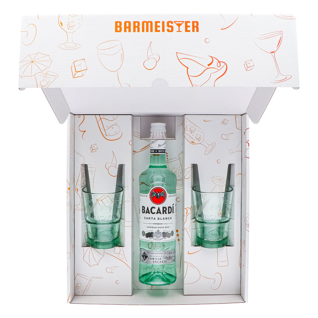 Bacardi Rum Geschenkset 0,7l Flasche 37,5 % Vol. + Longdrink Gläser Palme–weiß – Ansicht 5