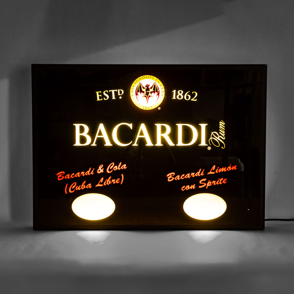 Raro cartellone pubblicitario luminoso al neon Bacardi Rum in custodia di alluminio Espositore