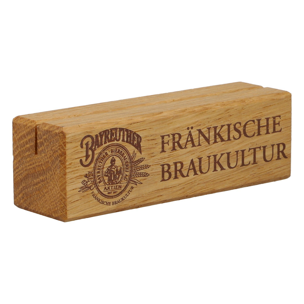 Bayreuther Brauhaus, espositore da tavolo Zwickel in vero legno "Tradizione birraria francone" ne