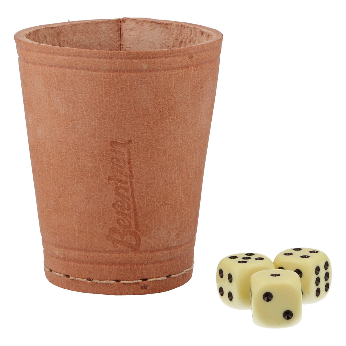 Bicchiere a cubetti Berentzen in pelle con 3 cubetti marroni e logo – Originale