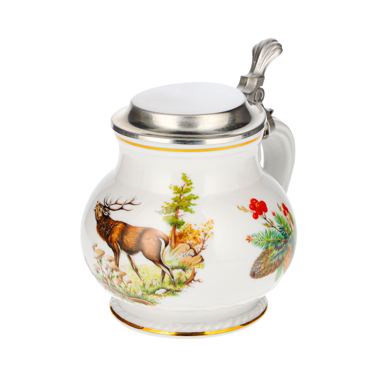 Boccale da birra con coperchio in stagno, motivo cervo, ceramica, vetro, gres, da collezione, stile retrò – Vista 6