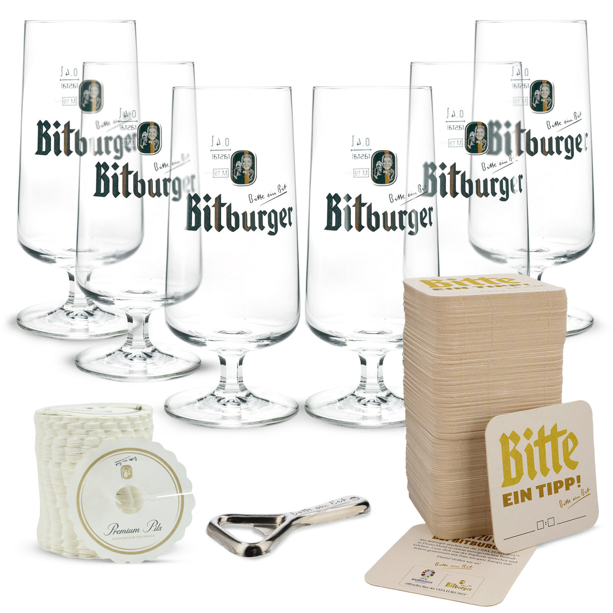 Set da bar Bitburger Bier II composto da 6 bicchieri a calice, apribottiglie, sottobicchieri e gocciolatore