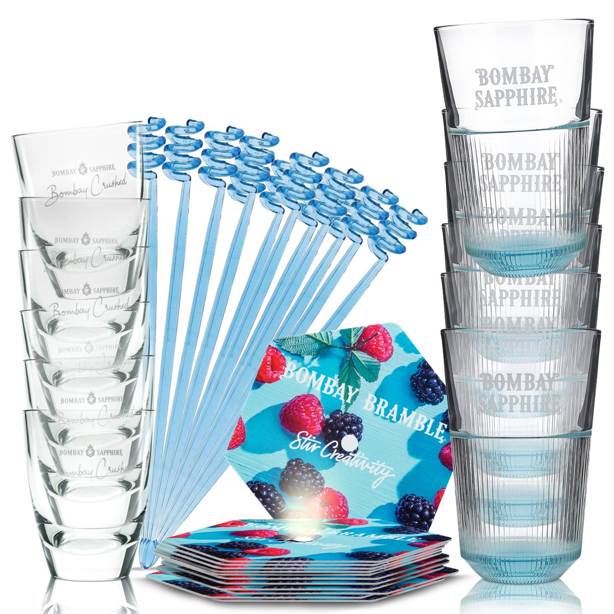 Set Bombay Sapphire Bar Bundle II composto da bicchieri LD, tumbler, stirrer e sottobicchieri