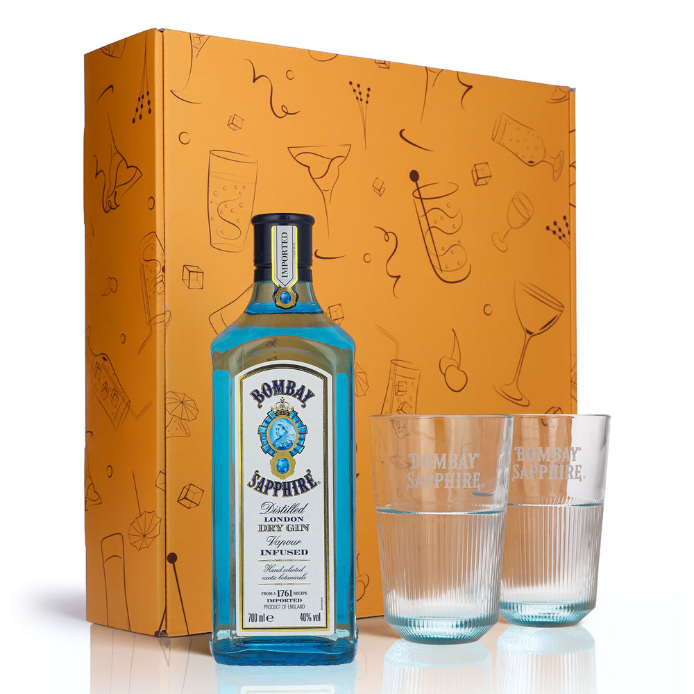 Bombay Sapphire Gin Set Regalo Bottiglia 0,7l 40% Vol. + 2 Bicchieri Longdrink a Rilievo l Arancione