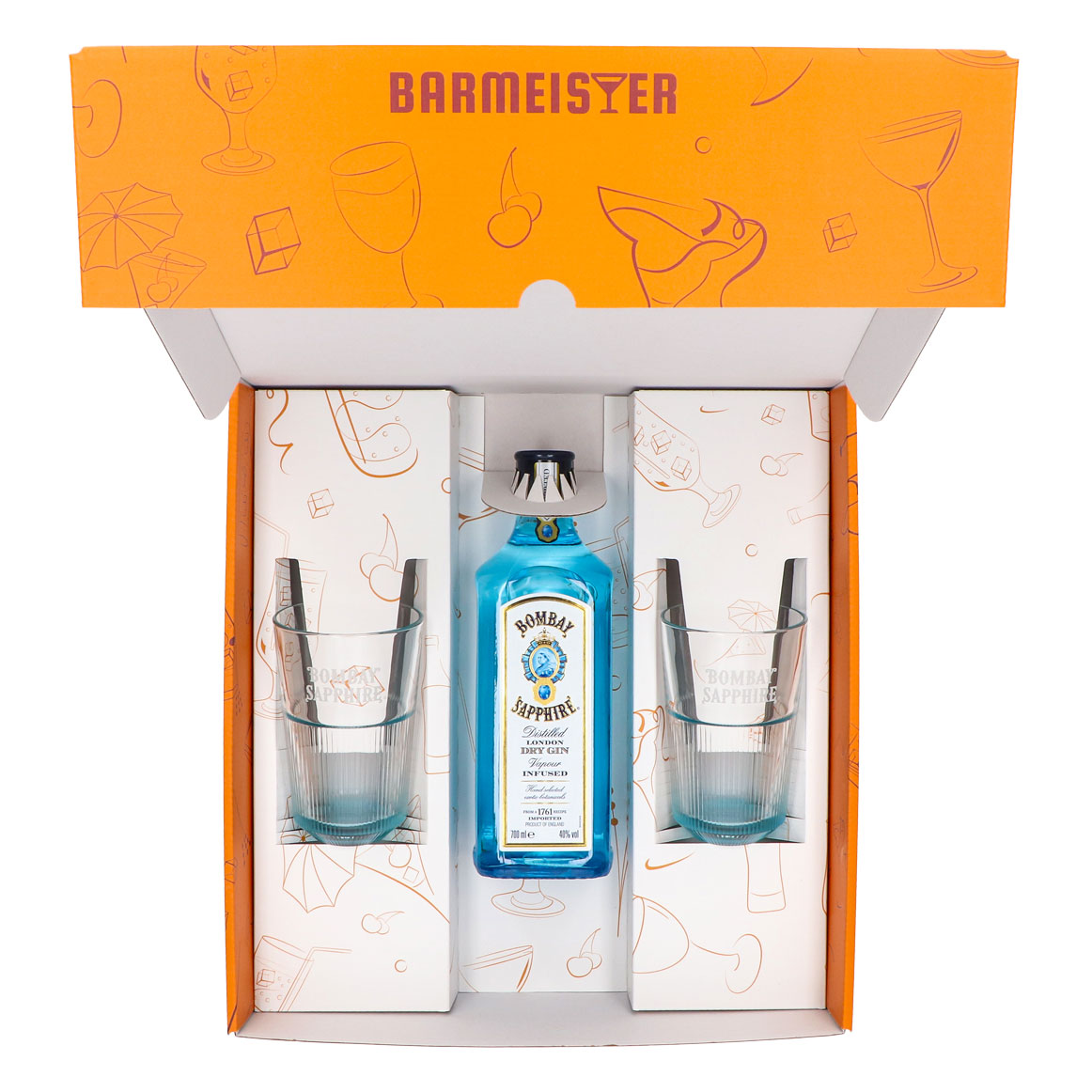 Bombay Sapphire Gin Set Regalo Bottiglia 0,7l 40% Vol. + 2 Bicchieri Longdrink a Rilievo l Arancione – Vista 5