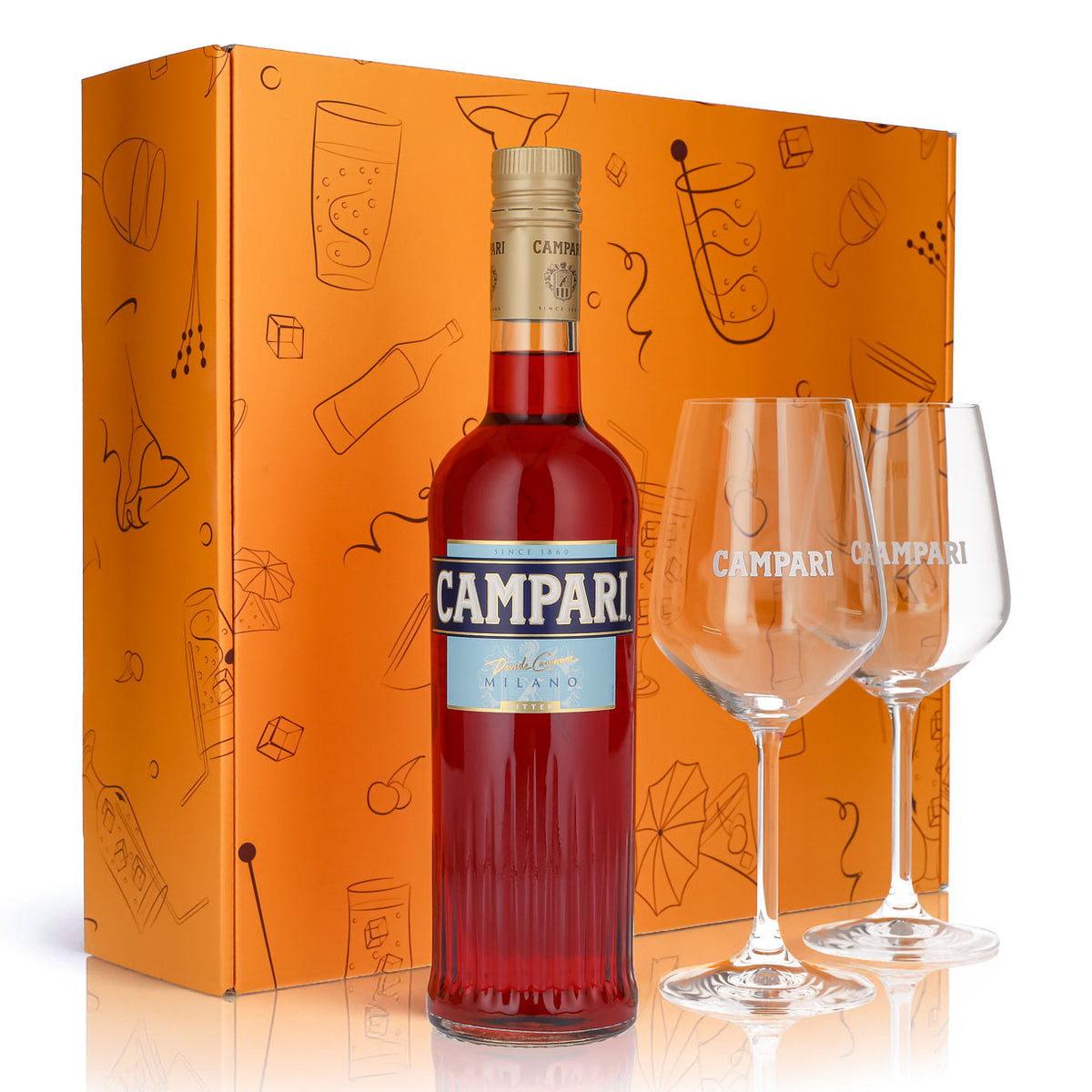 Campari Likör Geschenkset 0,7l Flasche 25 % Vol. + Spritz Gläser Amalfi–orange