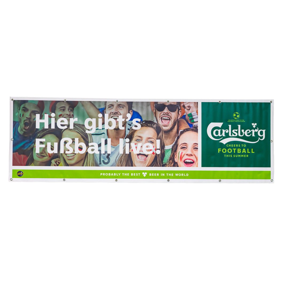 Striscione in tessuto misto con logo Carlsberg 250x80 cm "Qui c'è il calcio in diretta!"
