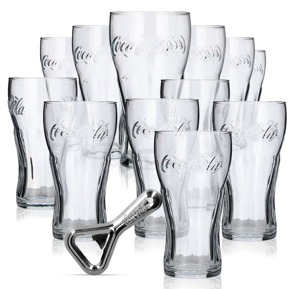 Set Coca Cola Bar Bundle II composto da 12 bicchieri sagomati da 0,3 l/0,4 l  apribottiglie