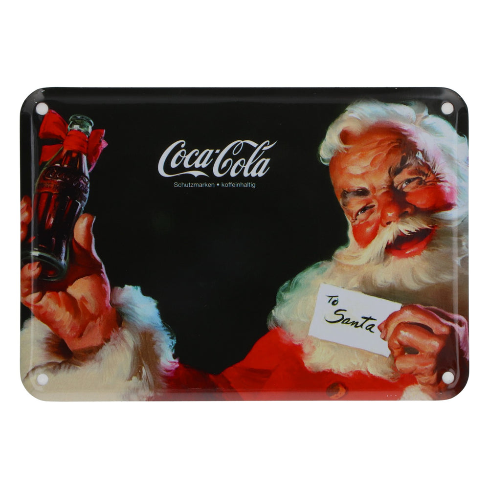 Insegna in lamiera Coca-Cola con Babbo Natale, decorazione retrò in metallo, 15x10,5 cm