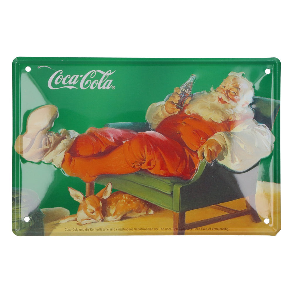 Insegna in lamiera Coca-Cola con Babbo Natale sdraiato, 15x10 cm