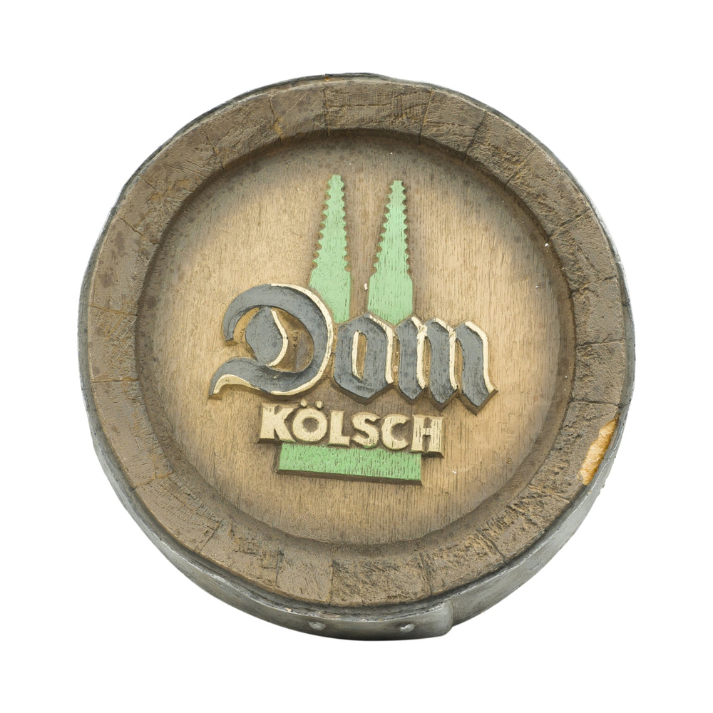 Coperchio per fusto di birra Kölsch con logo pubblicitario in plastica effetto legno, fondo in plastica verde