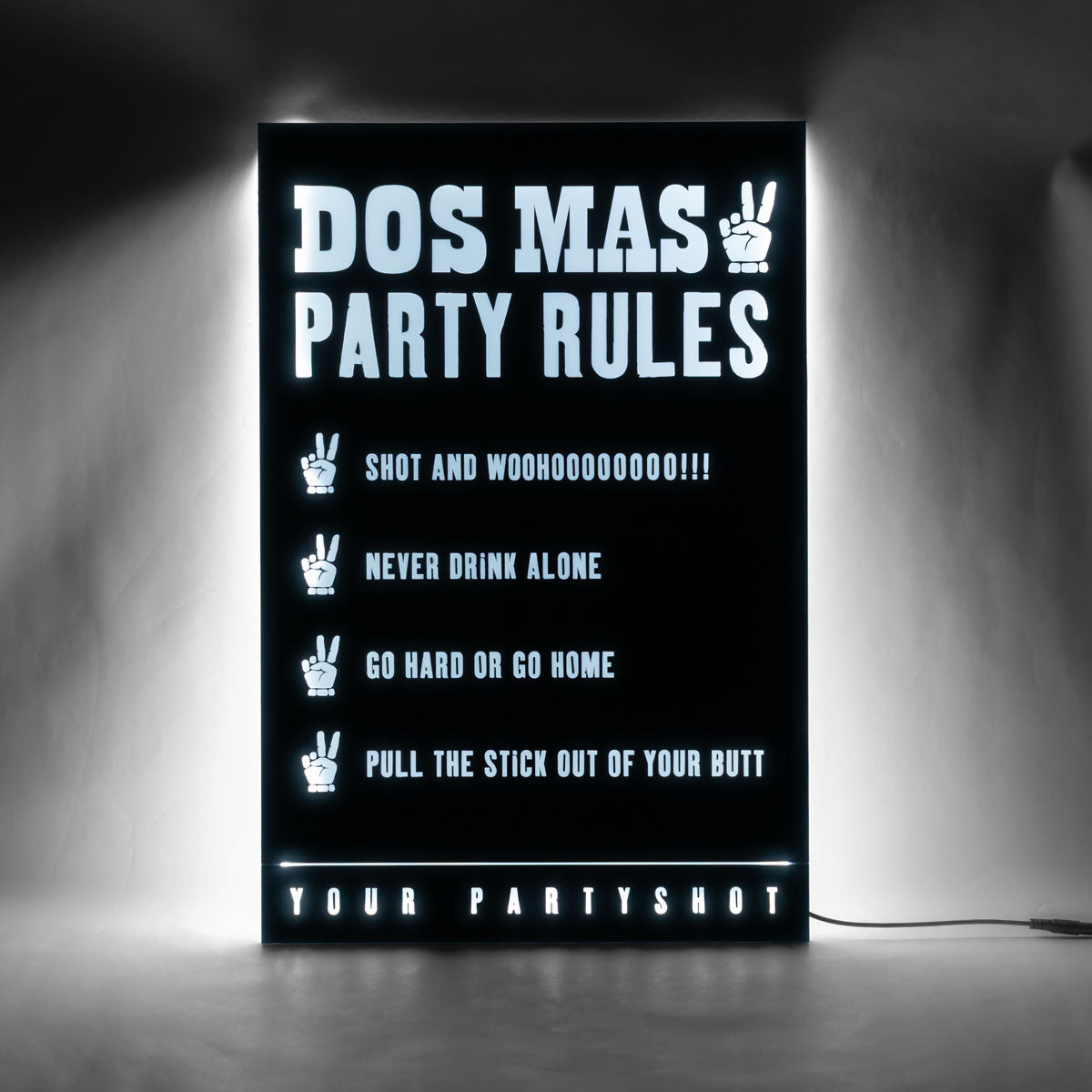 Insegna luminosa a LED Dos Mas Liquore "Party Rules" con alimentatore incluso Nero