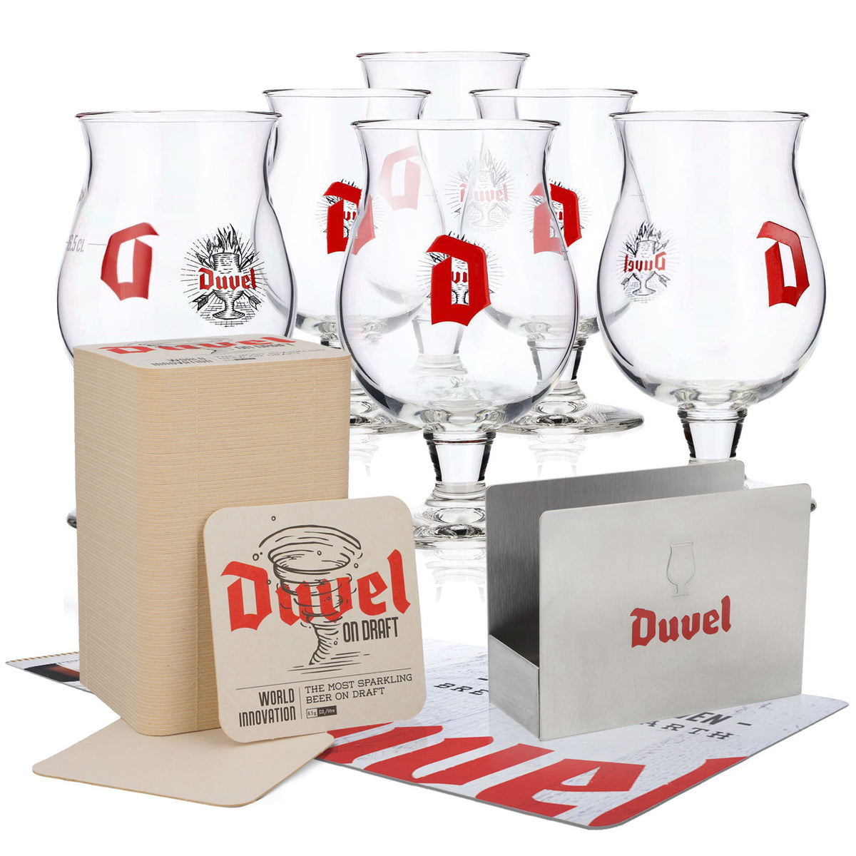 Duvel Beer Bar Bundle Set II composto da 6 bicchieri da birra da 0,16 l e 100 sottobicchieri con supporto