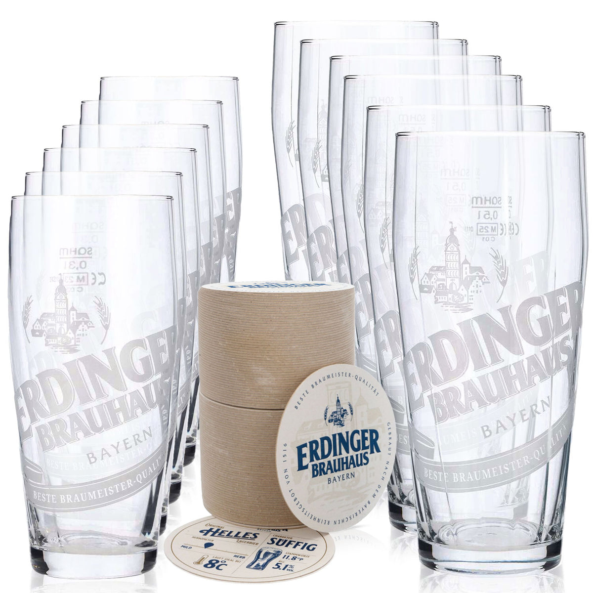 Set Erdinger Bier Bar II composto da 12 bicchieri da birra da 0,5 l/0,3 l e 100 sottobicchieri