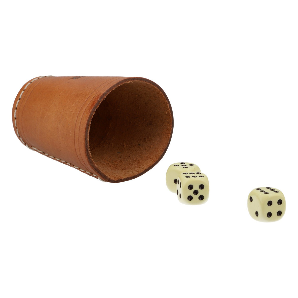 Fälinger Korn, bicchiere per dadi in pelle, 3 dadi, marrone, logo, 6,5 cm, gioco dei dadi – Vista 3