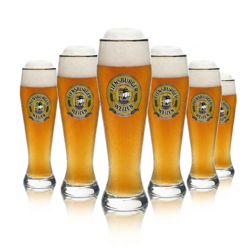Set da 6 bicchieri da birra di frumento di Flensburg da 0,3 l, con bordo dorato, Hefeweizen Rastal