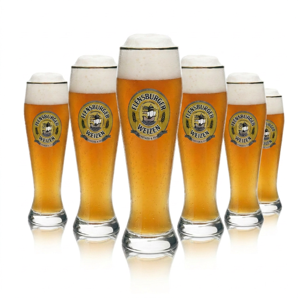 Set da 6 bicchieri da birra di frumento di Flensburg da 0,3 l, con bordo dorato, Hefeweizen Rastal