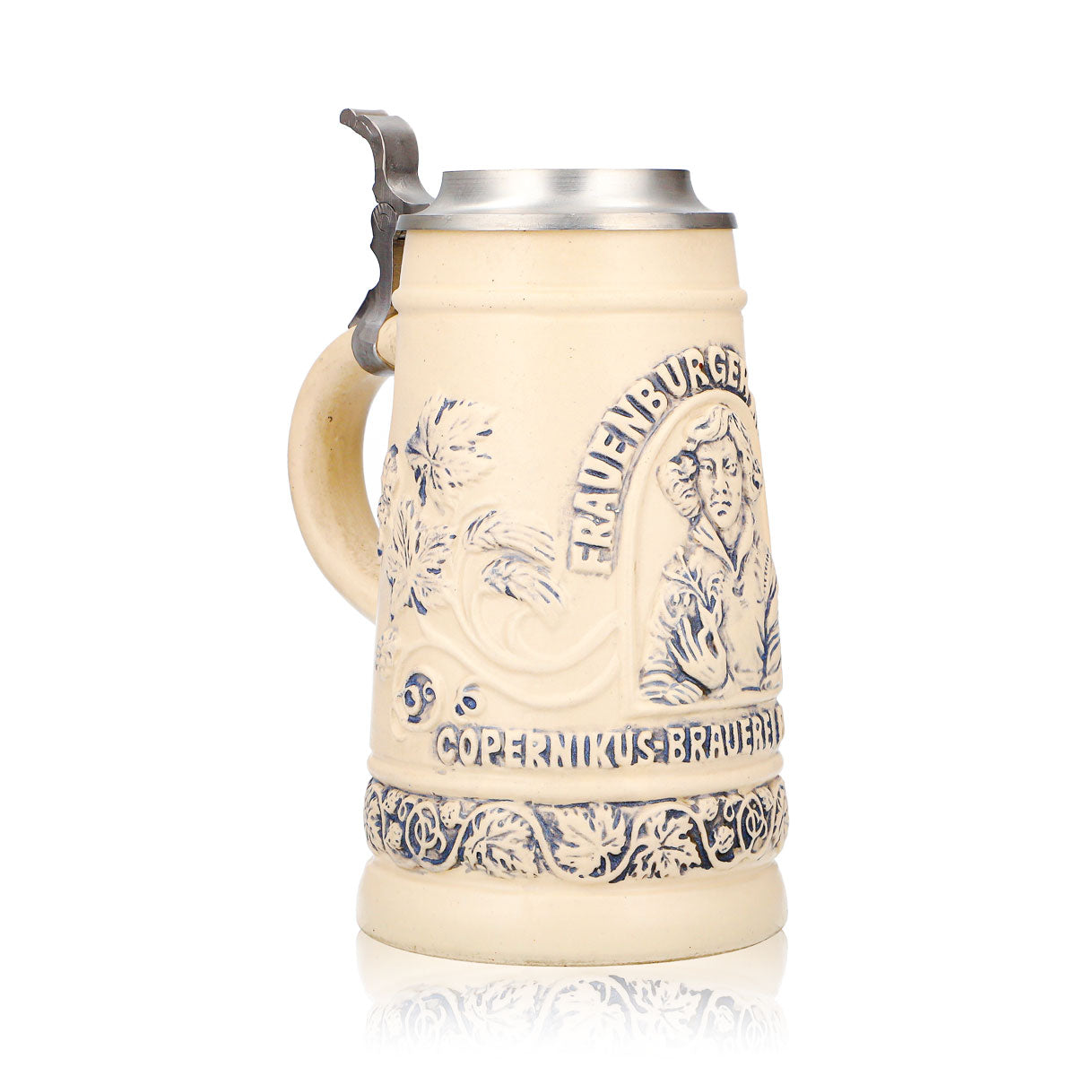 Bicchiere da birra "Mumme" di Frauenburg, boccale in terracotta da 0,74 l con coperchio in stagno e rilievo di Copernico in terracotta – Vista 2