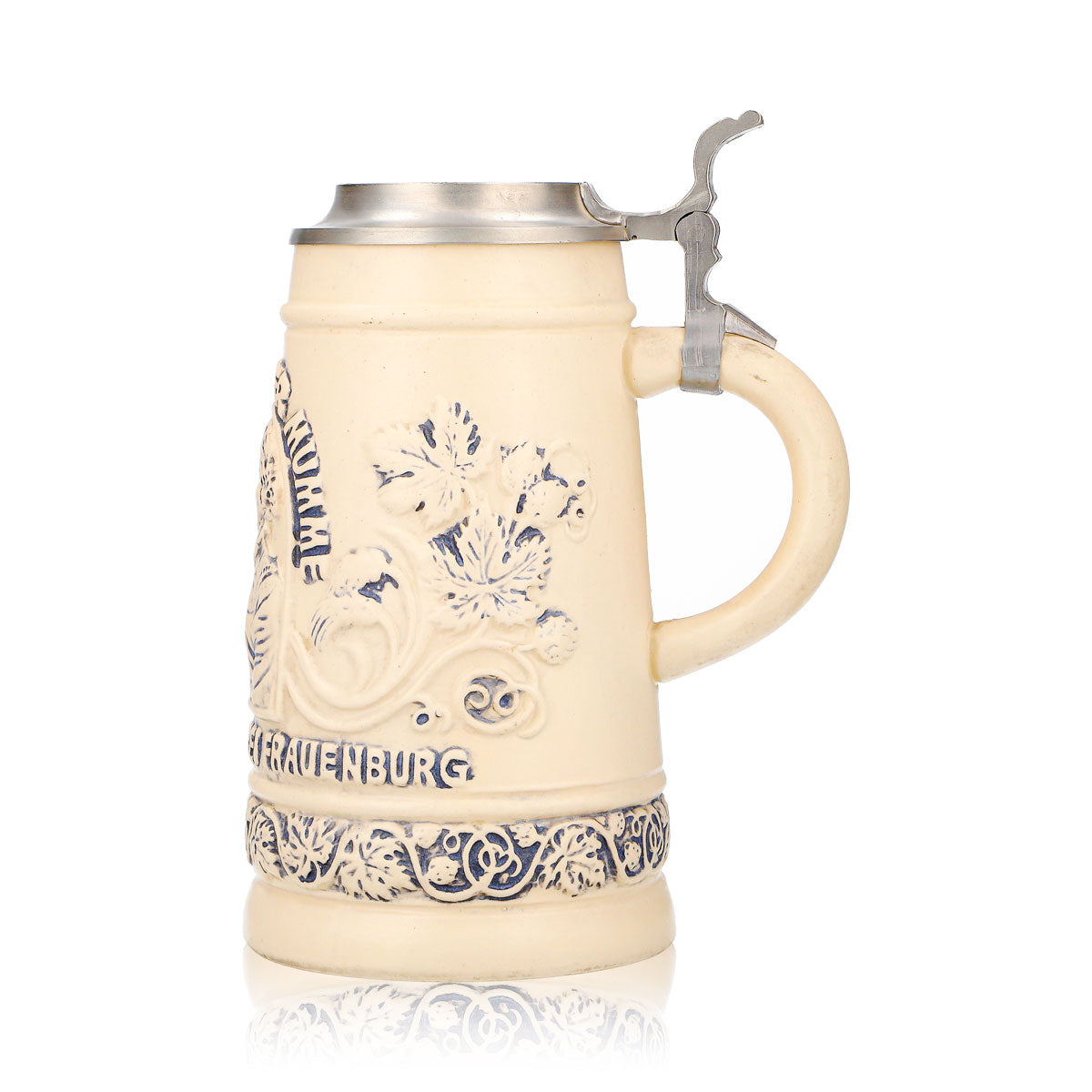 Bicchiere da birra "Mumme" di Frauenburg, boccale in terracotta da 0,74 l con coperchio in stagno e rilievo di Copernico in terracotta – Vista 5