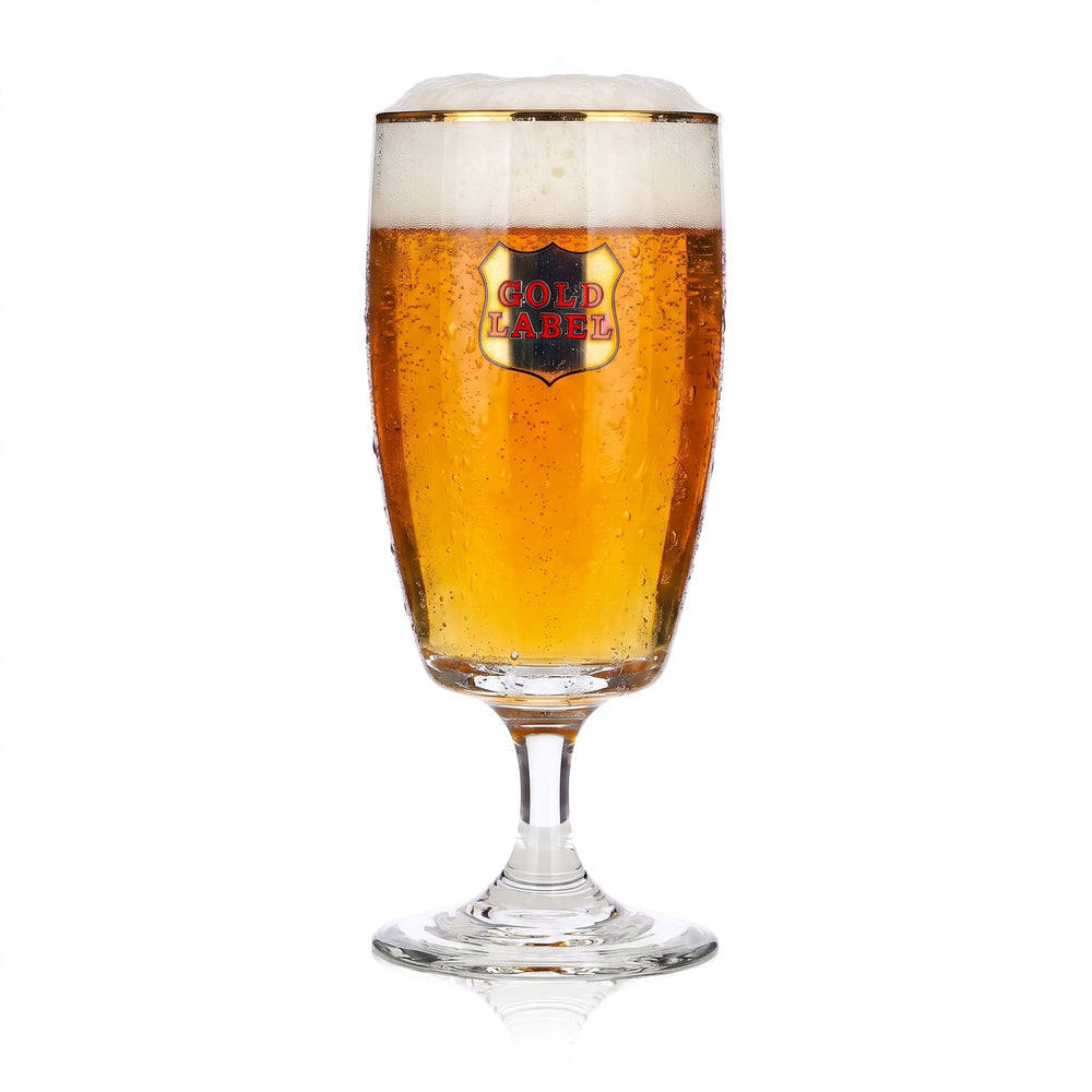 Bicchiere da birra Gold Label da 0,24 l, a forma di coppa, con bordo dorato e logo dorato