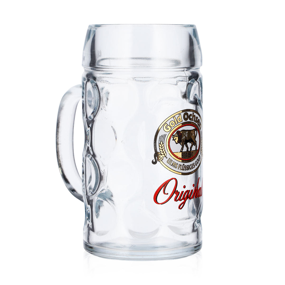 Bicchiere da birra Gold Ochsen da 0,5 l, forma a brocca, bianco con logo dorato – Vista 2