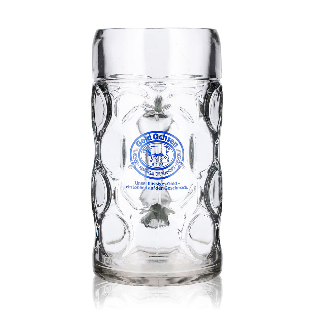 Bicchiere da birra Gold Ochsen, boccale da 1 l con logo blu