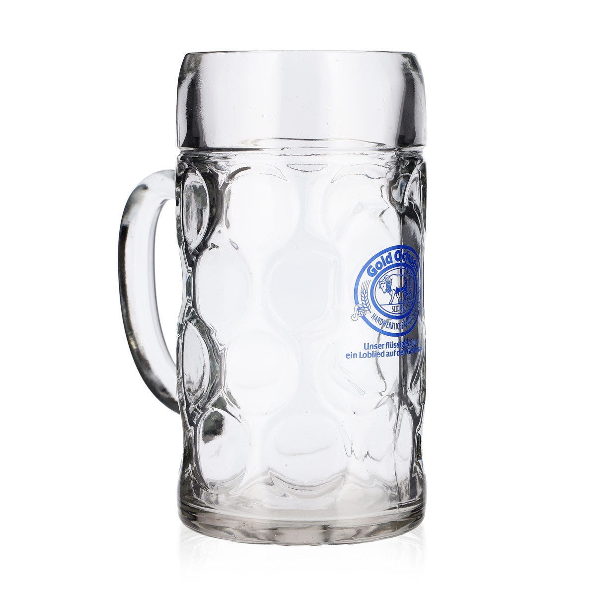 Bicchiere da birra Gold Ochsen, boccale da 1 l con logo blu – Vista 2