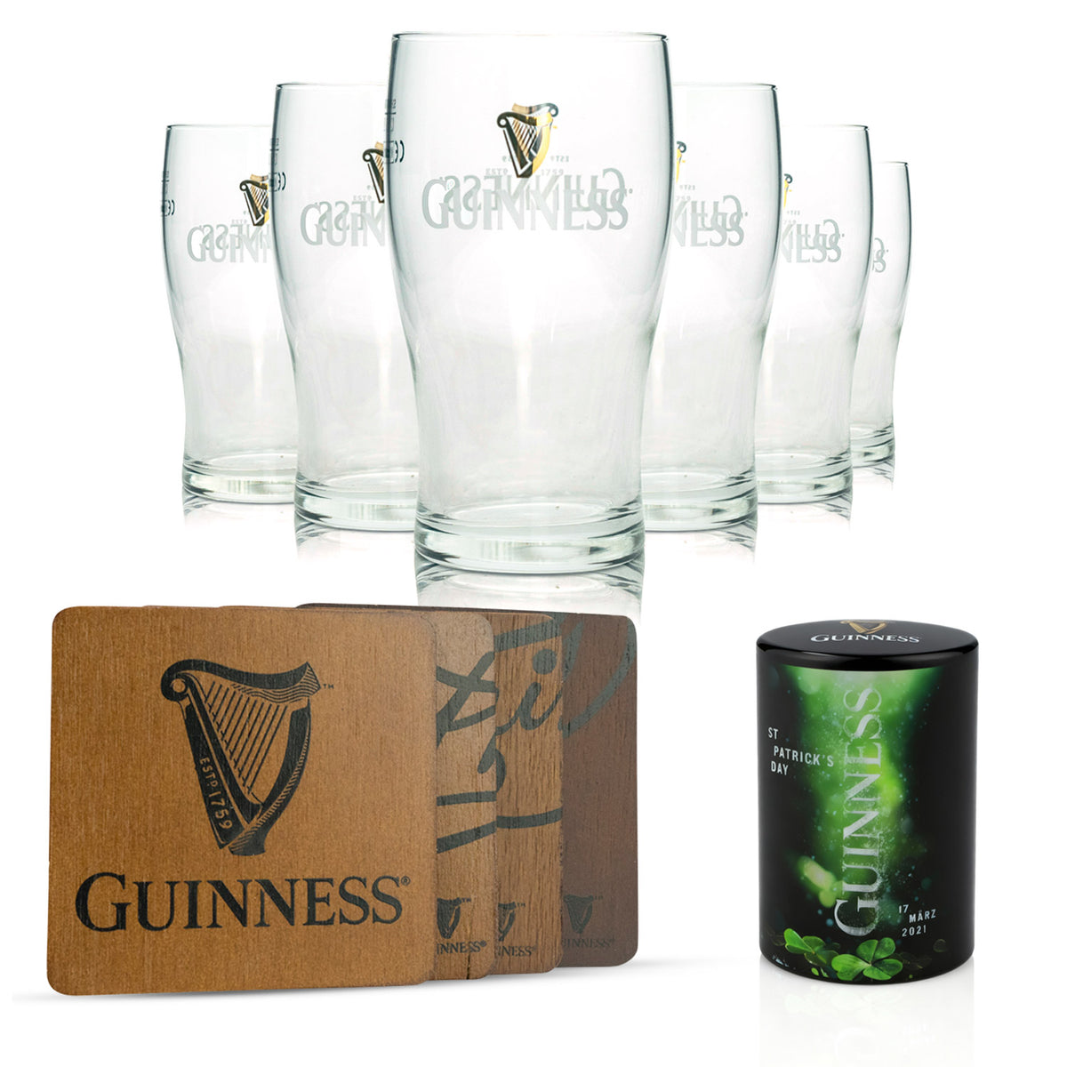 Set Guinness Beer Bar composto da bicchieri da birra, sottobicchieri e apribottiglie