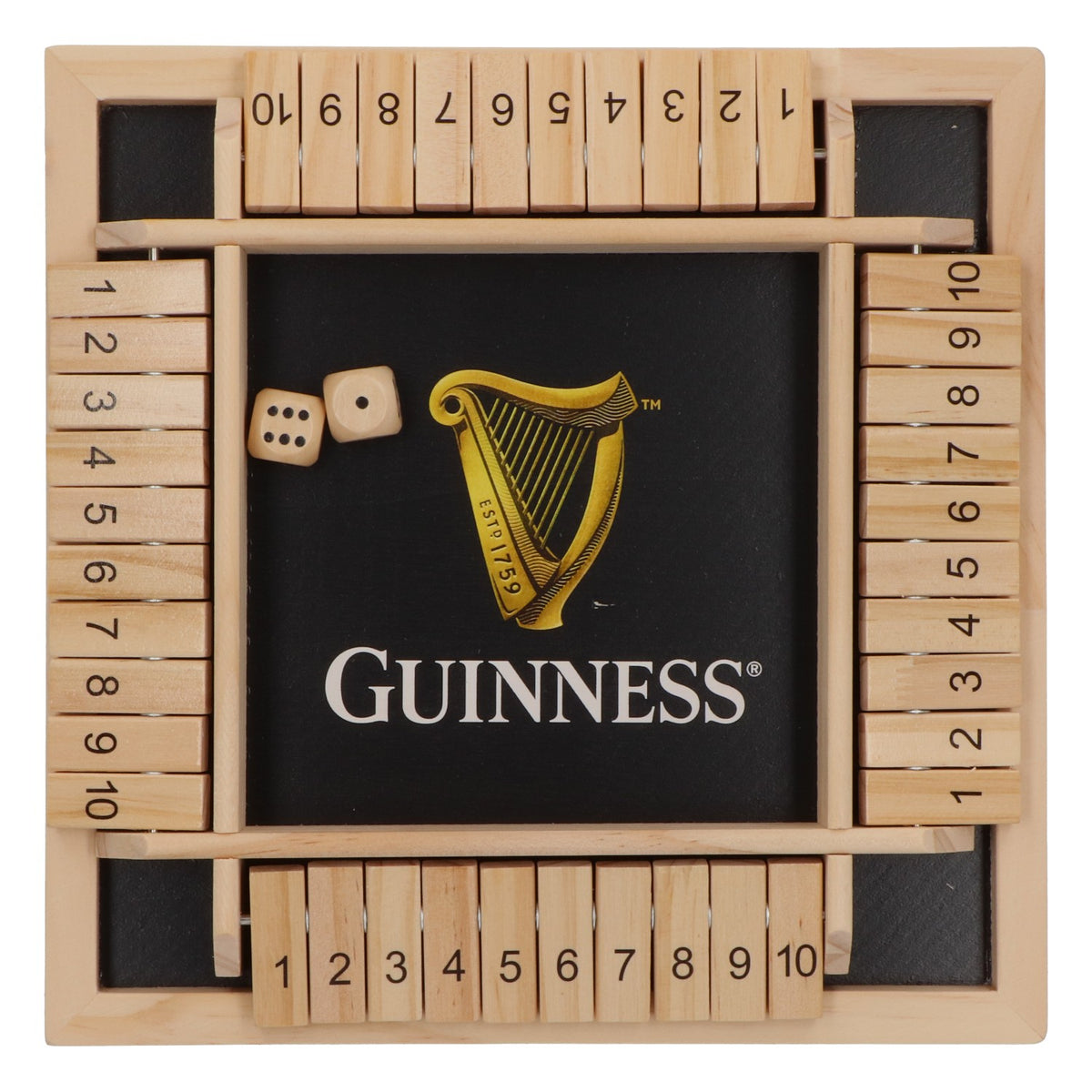 Gioco di dadi con la birra Guinness "Shut The Box" in legno, nuovo, marrone