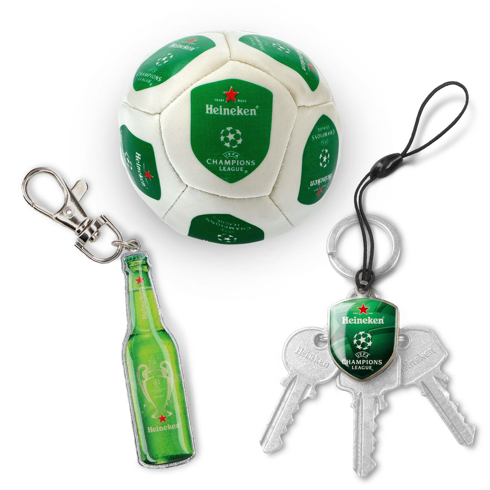 Set Heineken per appassionati di birra I composto da 2 portachiavi Footbag apribottiglie