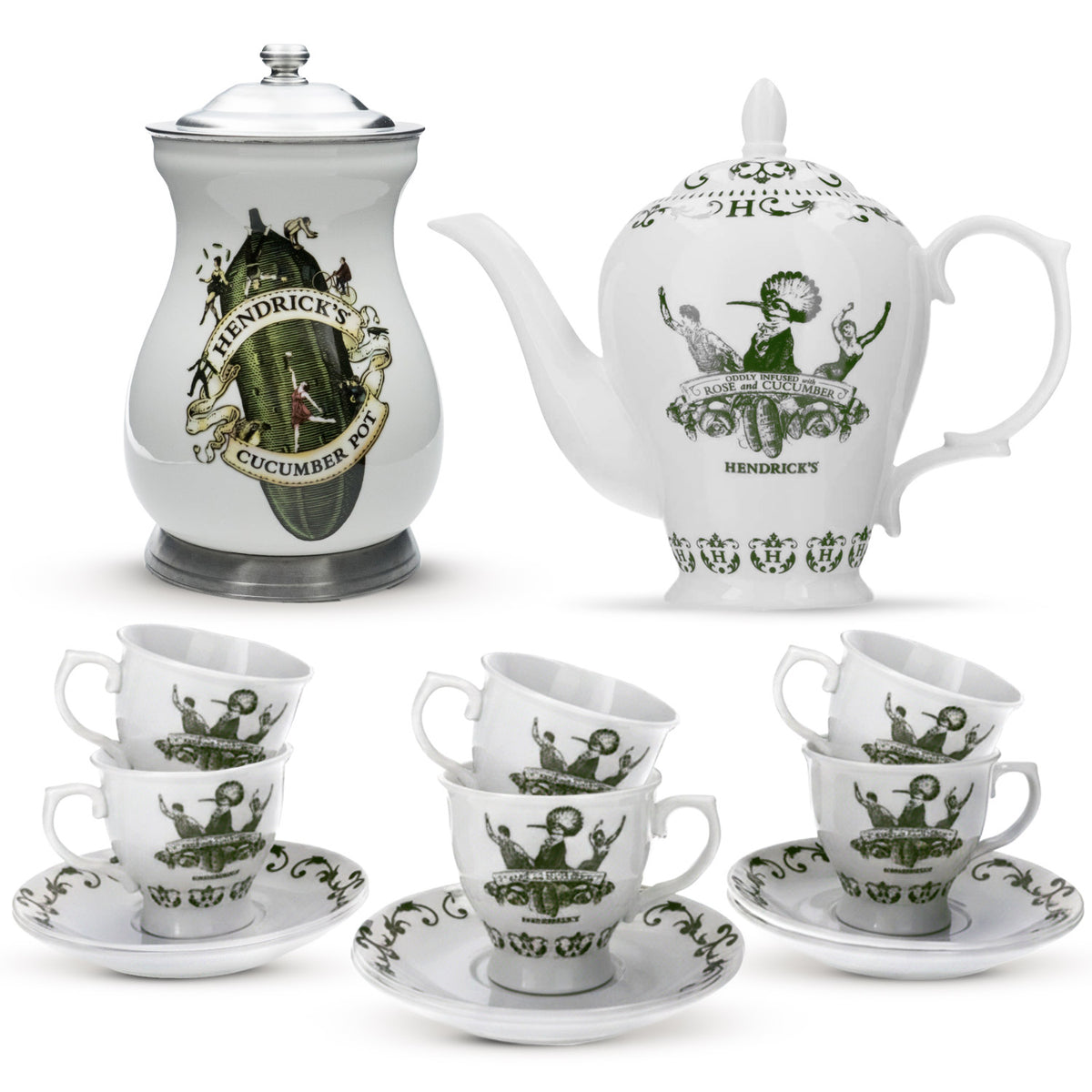 Set di porcellana Hendrick Gin composto da 13 pezzi. Servizio da tè 1,5 l Vaso per cetrioli