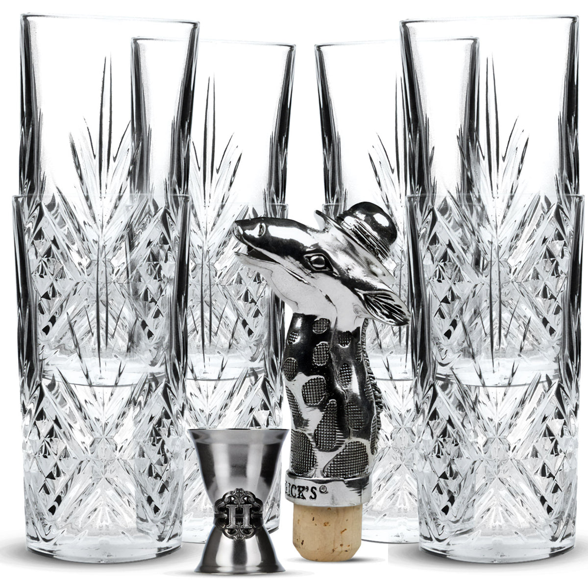 Set Hendricks Gin Bar II composto da 6 bicchieri LD, 1 misurino, 1 versatore in metallo