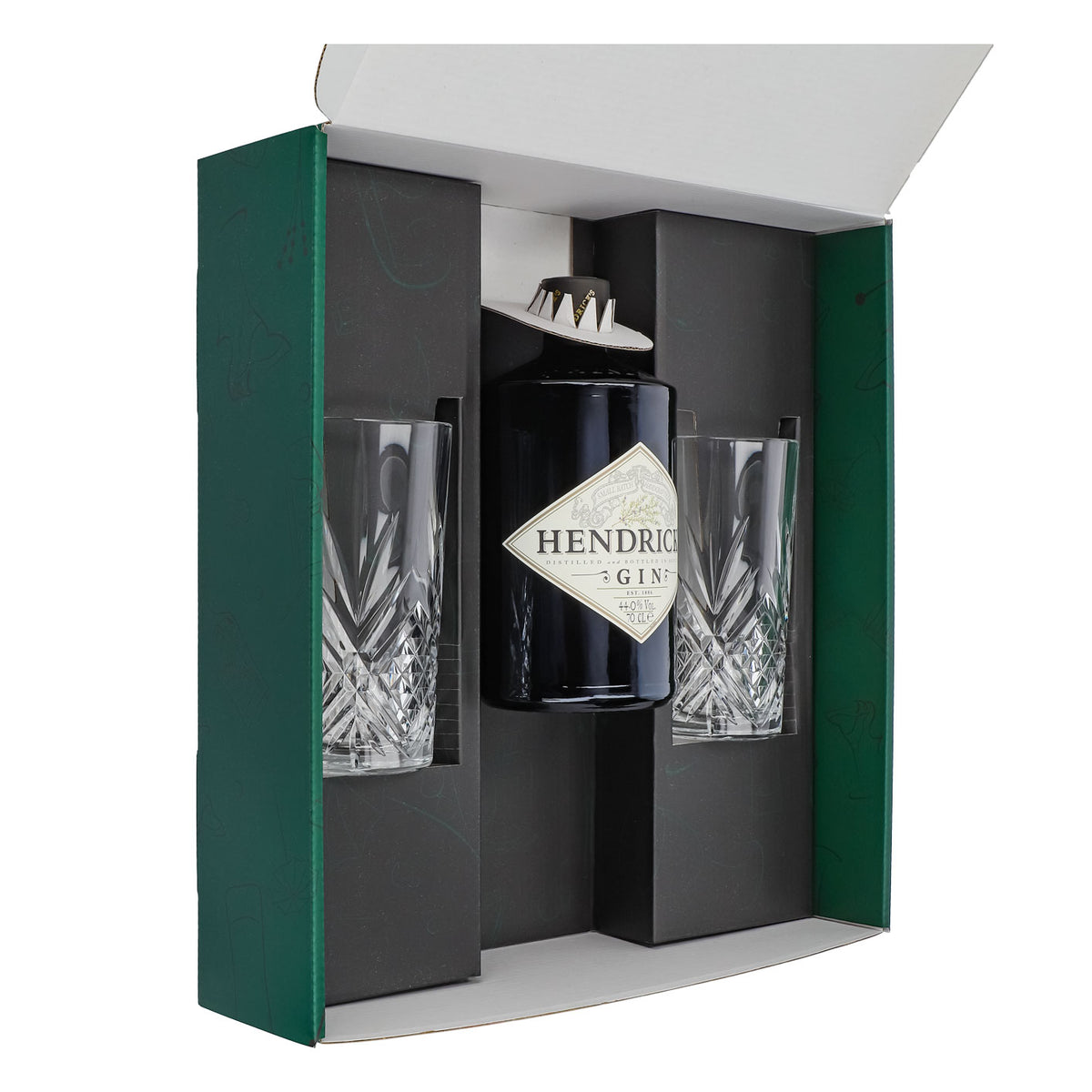 Hendricks Gin Geschenkset 0,7l Flasche 44,0 % Vol. + Longdrinkgläser Relief–Grün – Ansicht 4