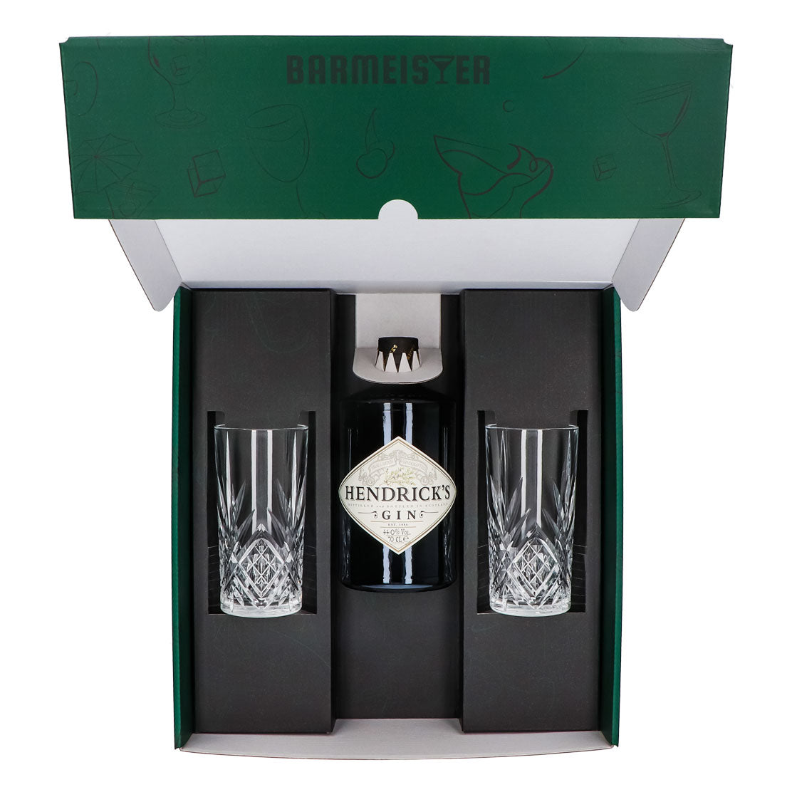 Hendricks Gin Geschenkset 0,7l Flasche 44,0 % Vol. + Longdrinkgläser Relief–Grün – Ansicht 5