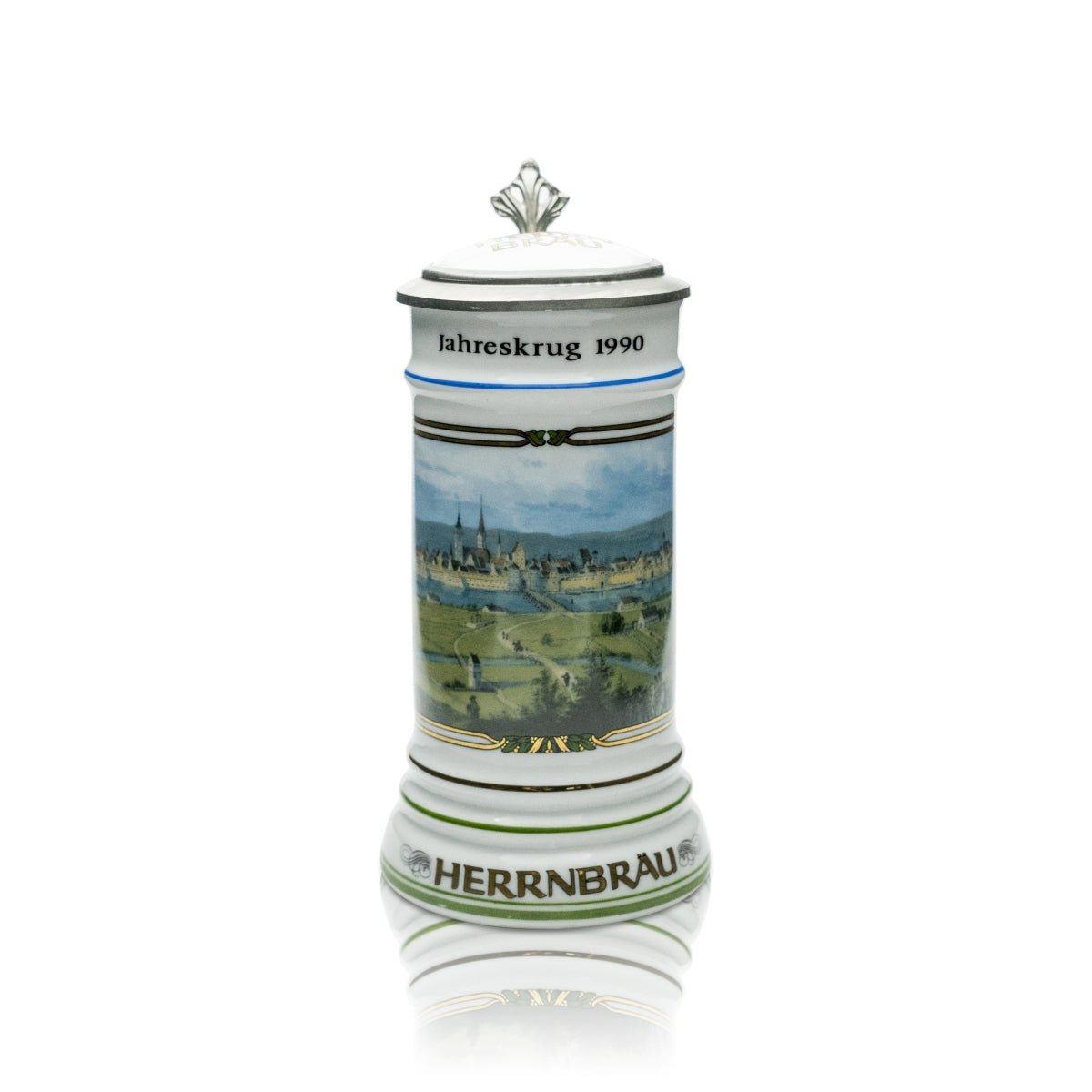 Boccale Herrbräu Bierkurg in vetro, boccale annuale 1990 con coperchio in peltro e certificato, boccale da collezione