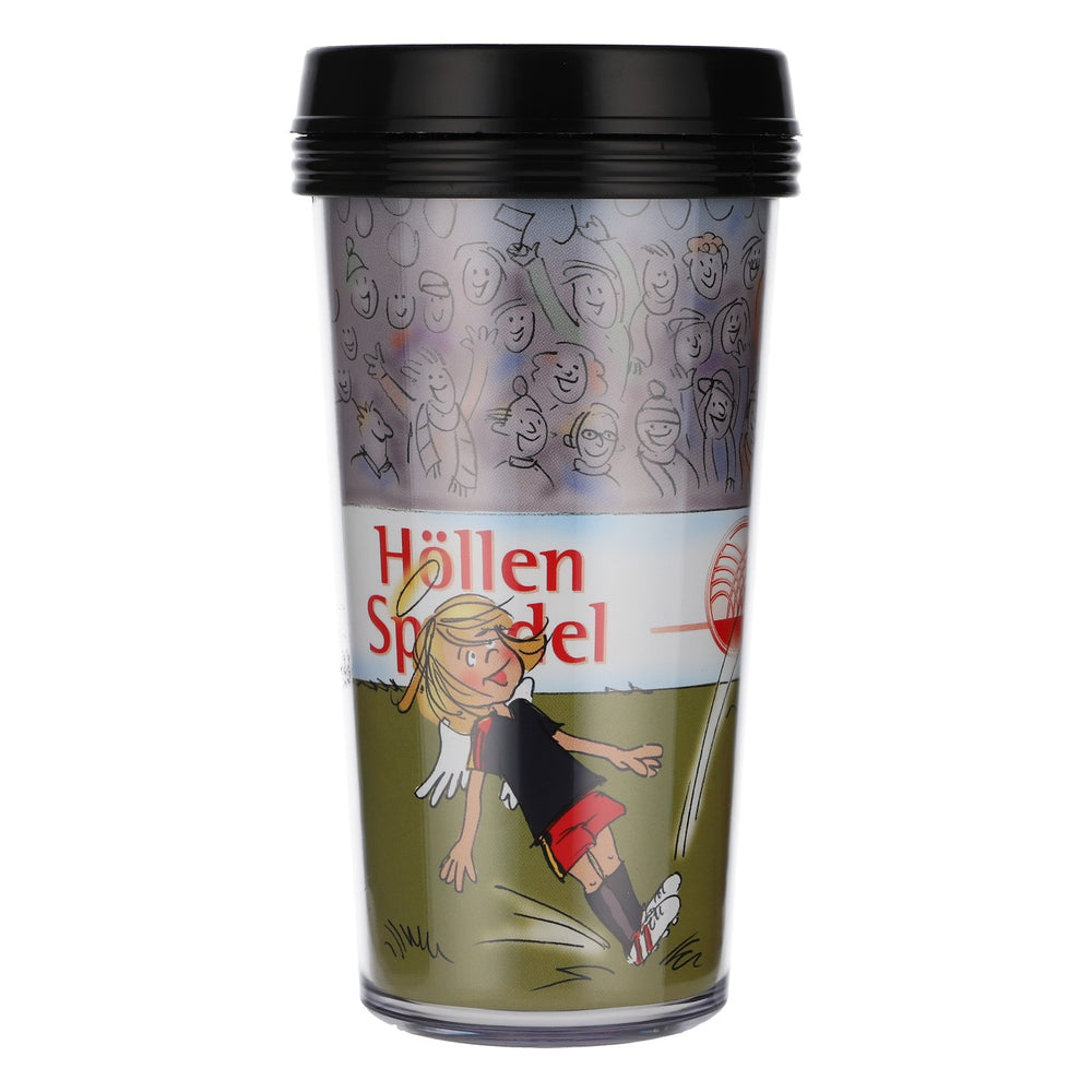 Bicchiere termico con coperchio "Höllensprudel" da 0,5 l, riutilizzabile, con motivo calcistico