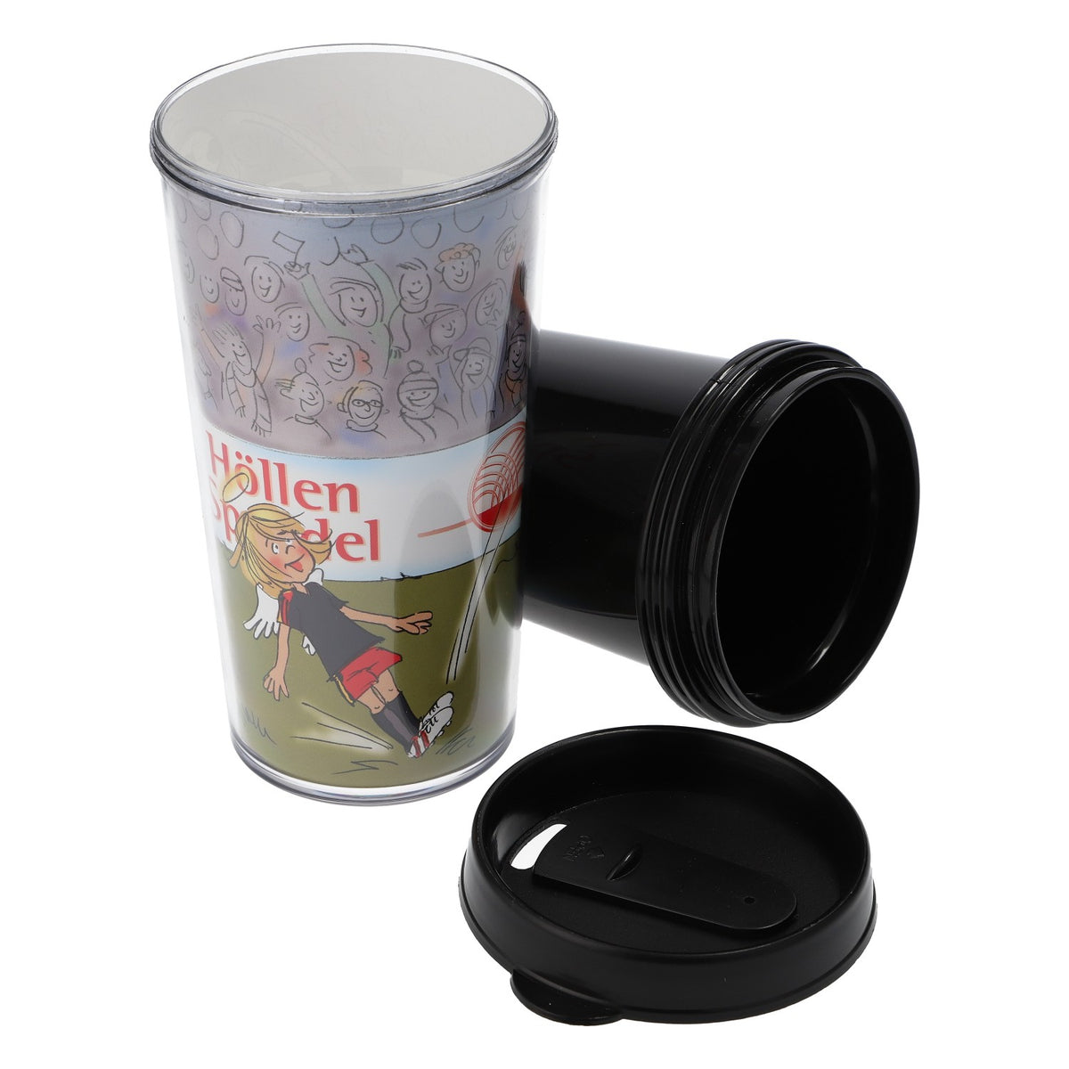 Bicchiere termico con coperchio "Höllensprudel" da 0,5 l, riutilizzabile, con motivo calcistico – Vista 4