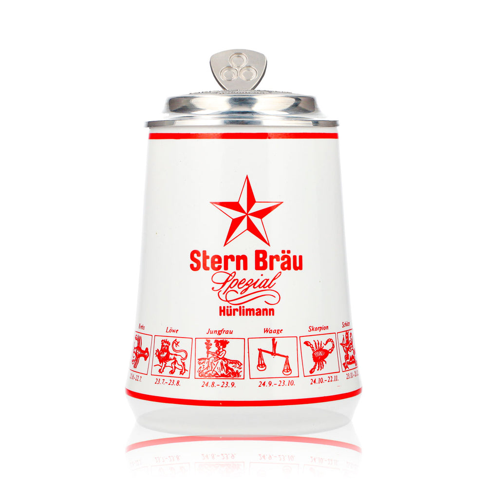 Bicchiere da birra Hürlimann Sternbräu, boccale in terracotta da 0,62 l con coperchio in stagno e segno zodiacale in rilievo