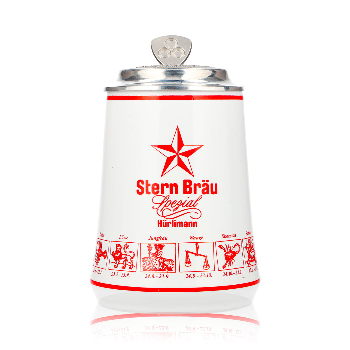 Bicchiere da birra Hürlimann Sternbräu, boccale in terracotta da 0,62 l con coperchio in stagno e segno zodiacale in rilievo
