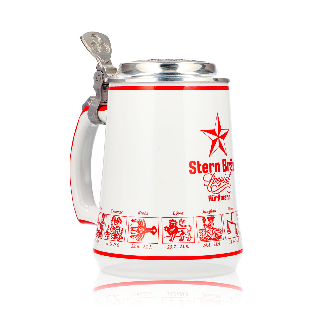 Bicchiere da birra Hürlimann Sternbräu, boccale in terracotta da 0,62 l con coperchio in stagno e segno zodiacale in rilievo – Vista 2
