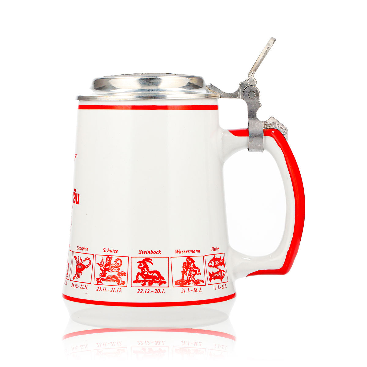 Bicchiere da birra Hürlimann Sternbräu, boccale in terracotta da 0,62 l con coperchio in stagno e segno zodiacale in rilievo – Vista 5