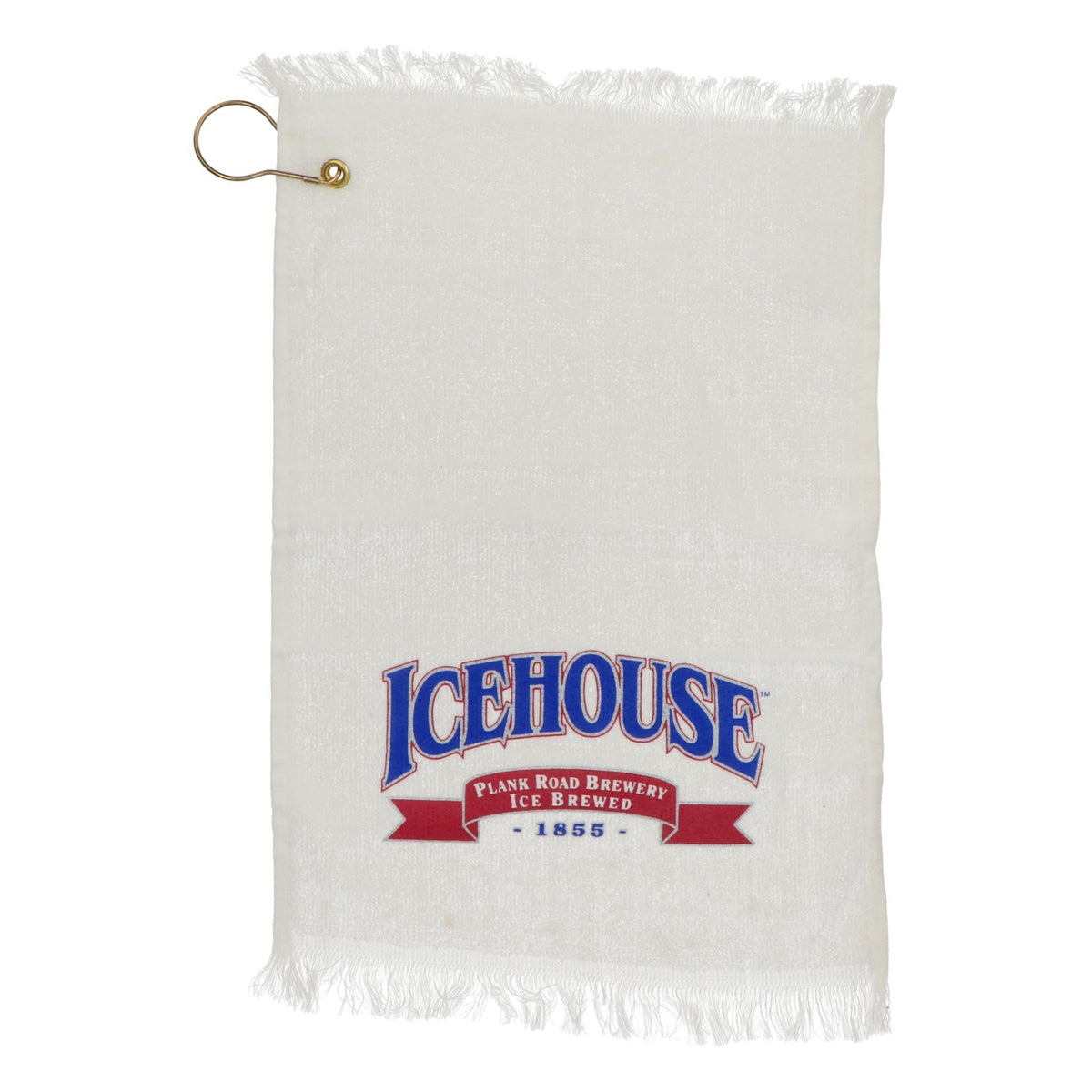 Asciugamano da golf Icehouse con logo della birra e moschettone, cotone bianco, originale, 43x28 cm – Vista 2