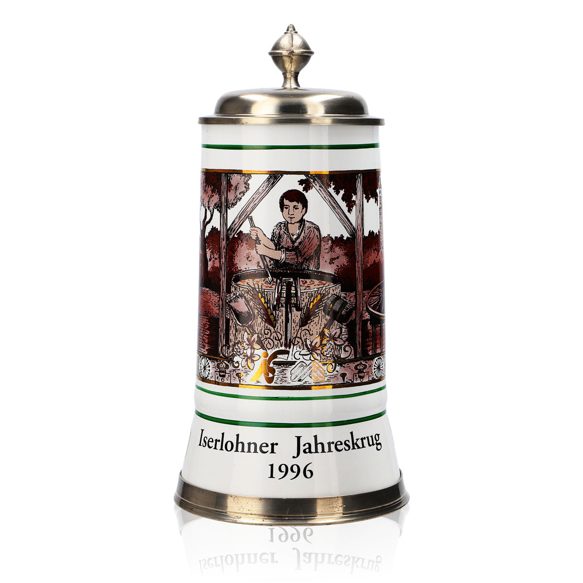 Bicchiere da birra Iserlohner, boccale annuale 1996, boccale in ceramica con coperchio in peltro, 1,09 l