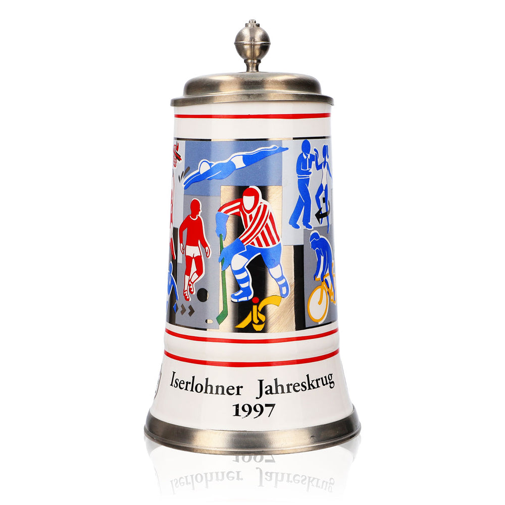 Bicchiere da birra Iserlohner, boccale annuale 1997, boccale in ceramica con coperchio in peltro, 0,65 l