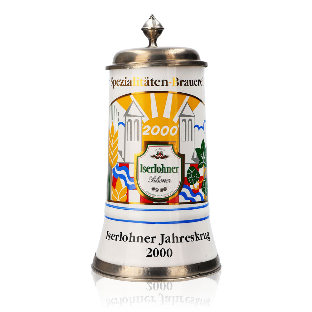 Boccale da birra Iserlohner boccale annuale 2000 boccale in ceramica smaltata con coperchio in peltro 0,65 l boccale